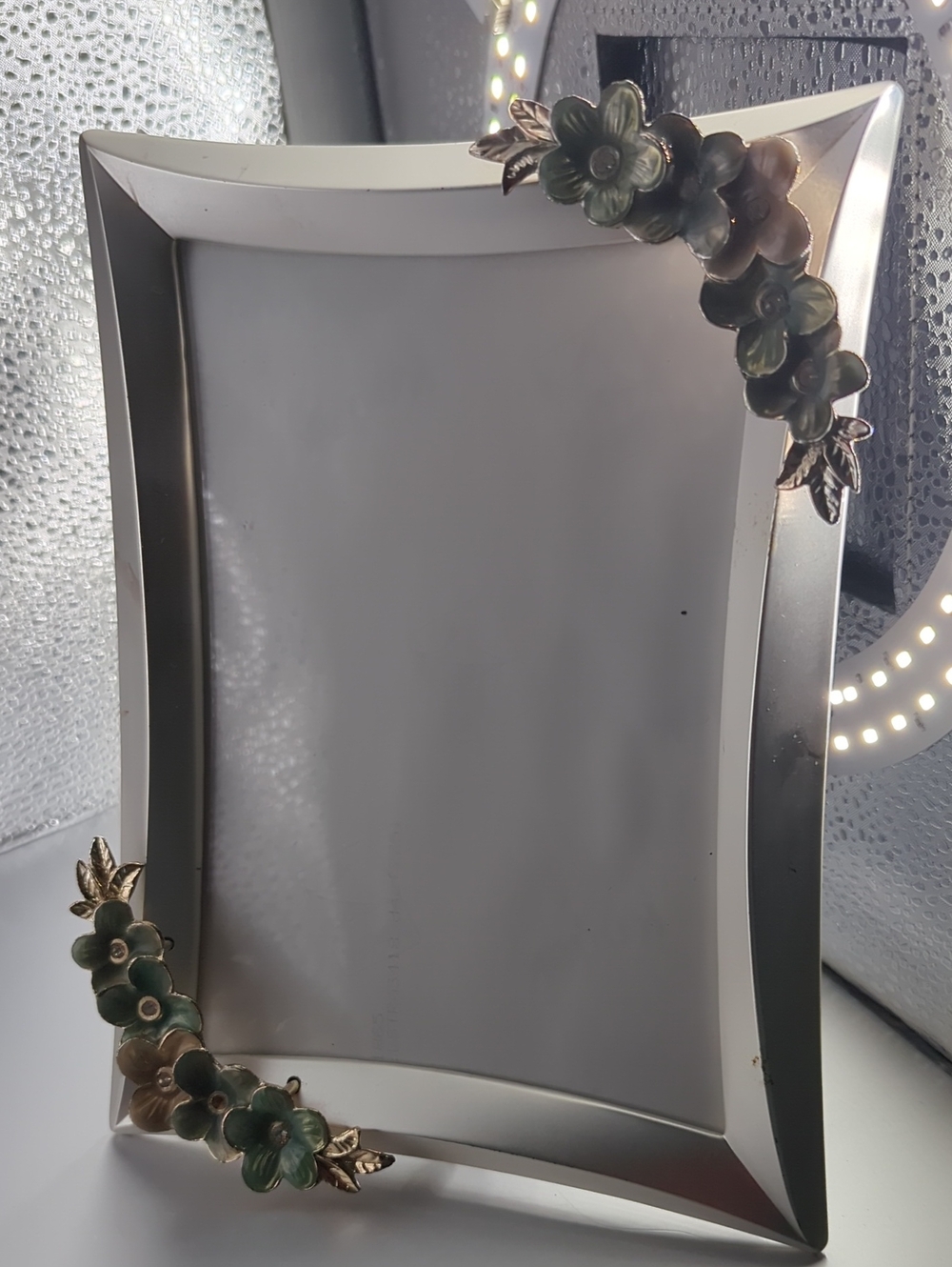 Silver Floral Accent Picture Frame with Green Flower Details